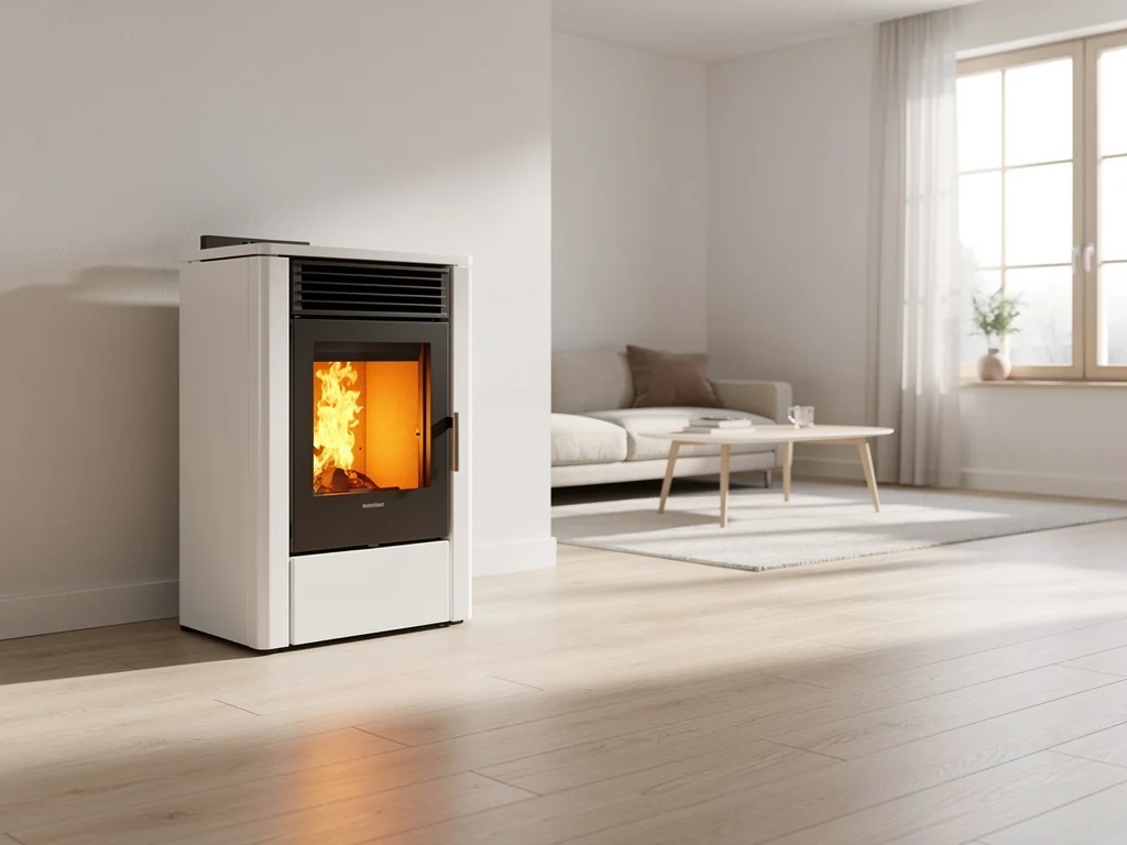 Poêle à granulés blanc en fonctionnement dans un séjour clair, flamme visible derrière la vitre