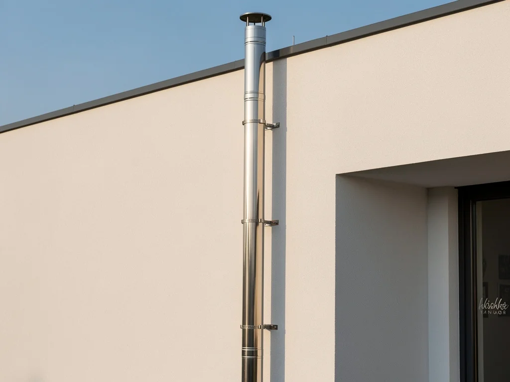 Tubage inox courant le long d'une façade enduite, installation extérieure soignée